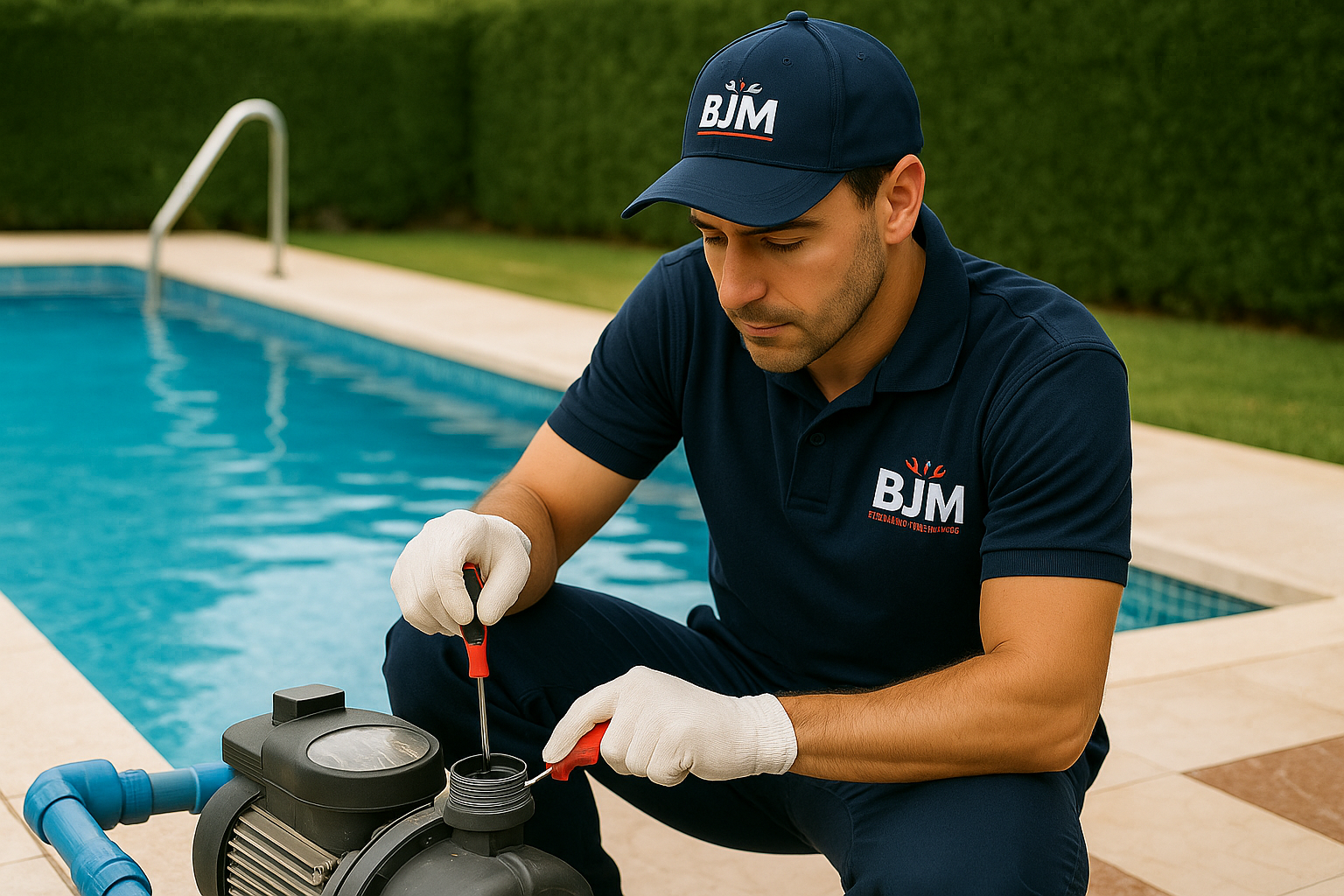 Técnico revisando piscina